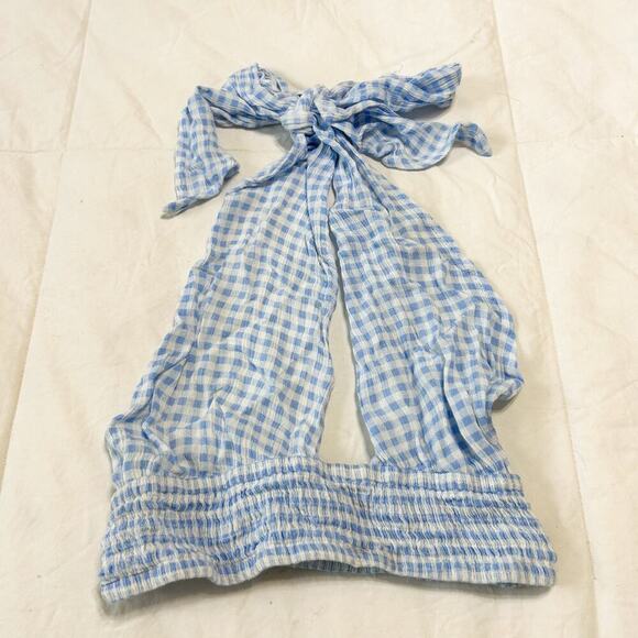 Princess Polly Blue White Checkered Gingham Jezebel Halter Crop Top Size US 2 - Picture 3 of 5